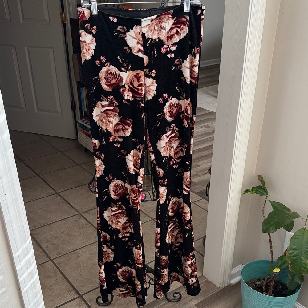 Adrienne Black and Pink Floral Velvet Pants